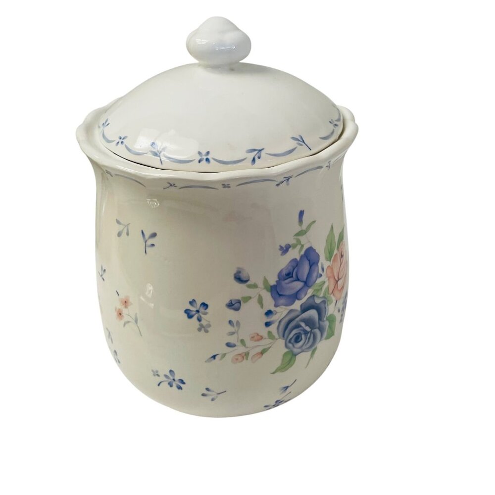 Vintage Floral Ceramic‎ Jar With Lid & Blue Rose Design